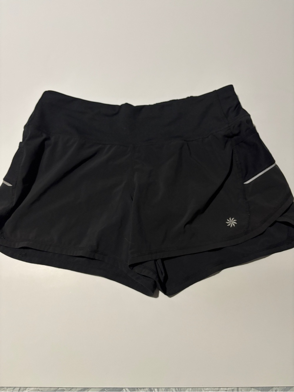 Athleta Black Lined Running Shorts Reflective Trim Back Zip Pocket - Medium